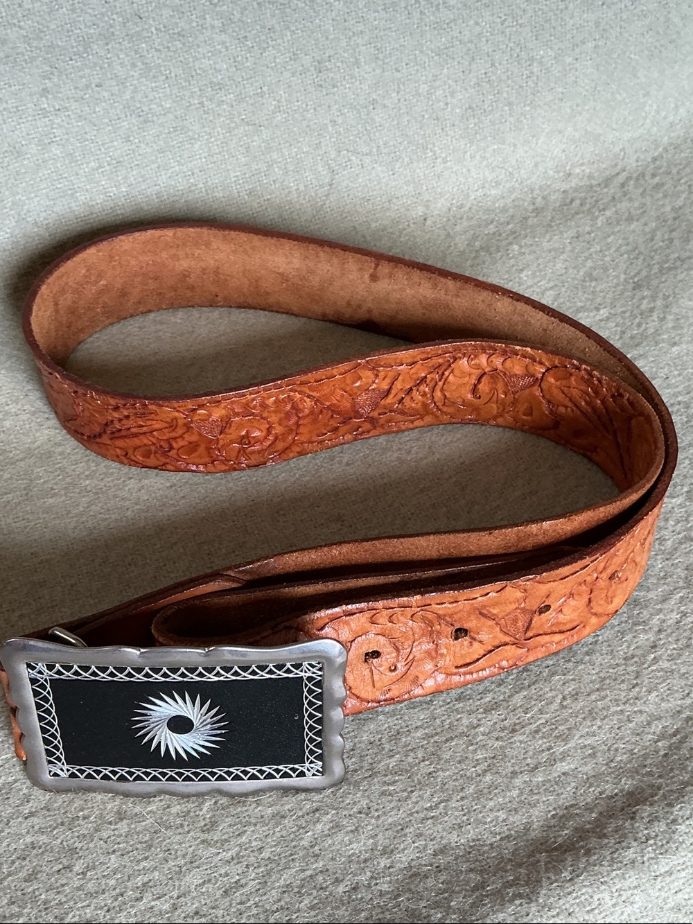 Vintage Tooled Leather Belt in Orange with Black Buckle